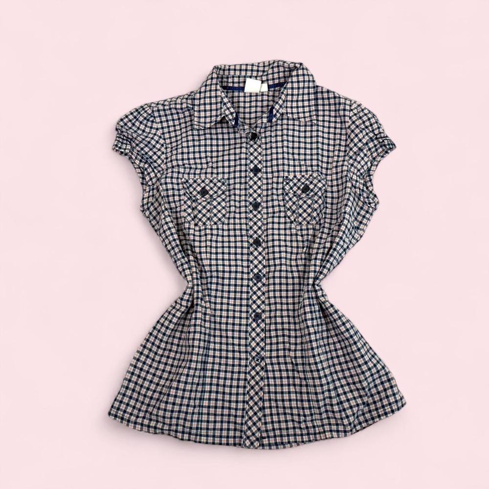 Vintage y2k SO blue plaid short sleeve button up fitted blouse